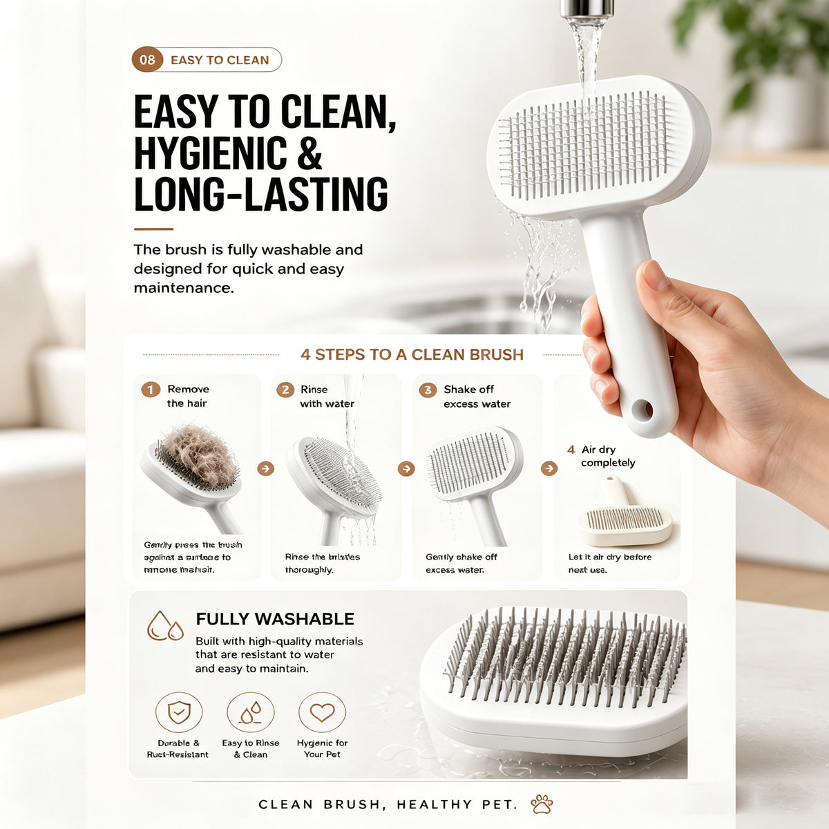 Washable self-cleaning pet brush
