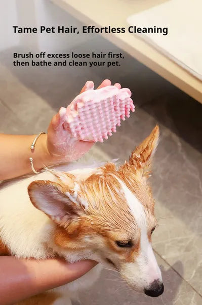 Washing a dog with the PawSheen silicone paw bath brush