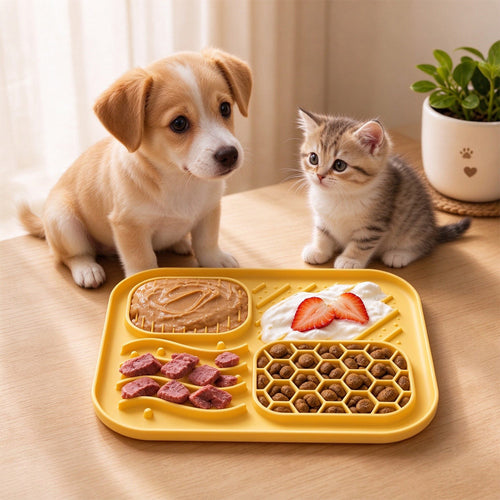 Puppy and kitten with the PawSheen Calm Lick Mat