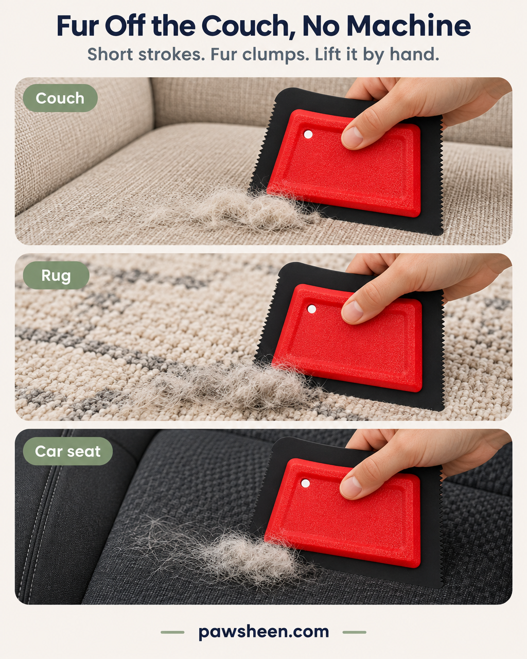 Pet hair remover pulling fur off a couch, a rug and a car seat