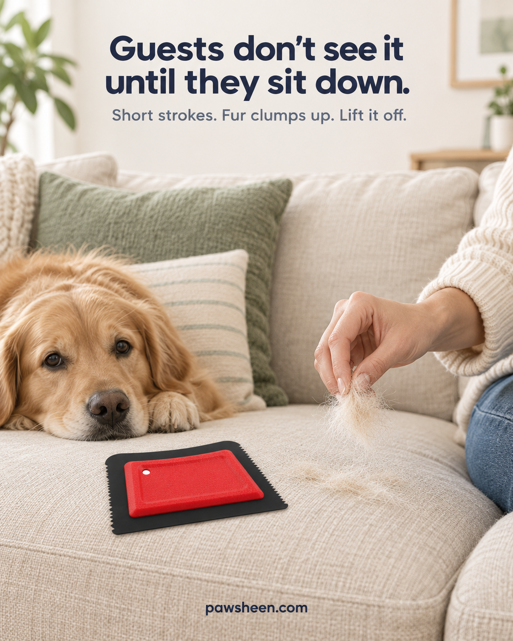Removing dog hair from the couch before guests sit down