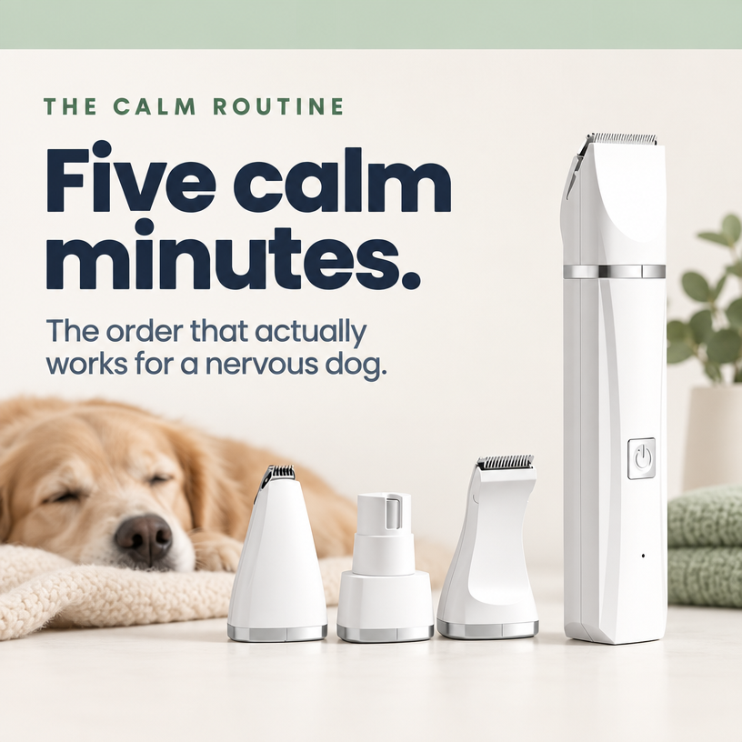 Quiet 4-in-1 grooming kit: a calm five-minute routine for a nervous dog