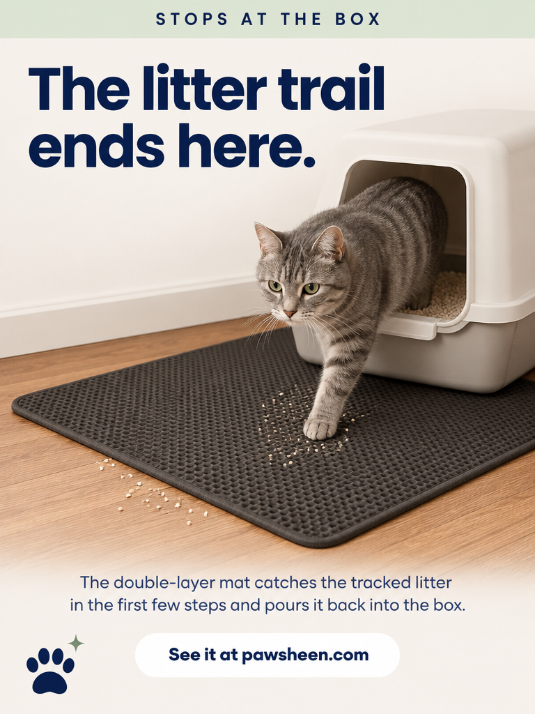 Cat stepping out of the litter box onto the double-layer litter catcher mat