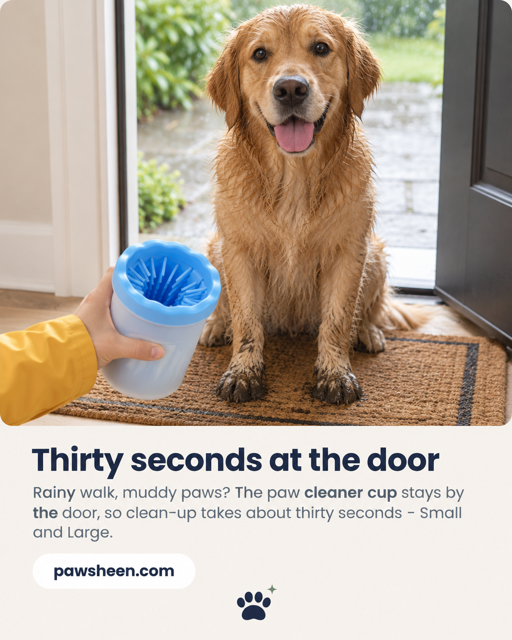 Paw cleaner cup by the front door for muddy paws after a rainy walk