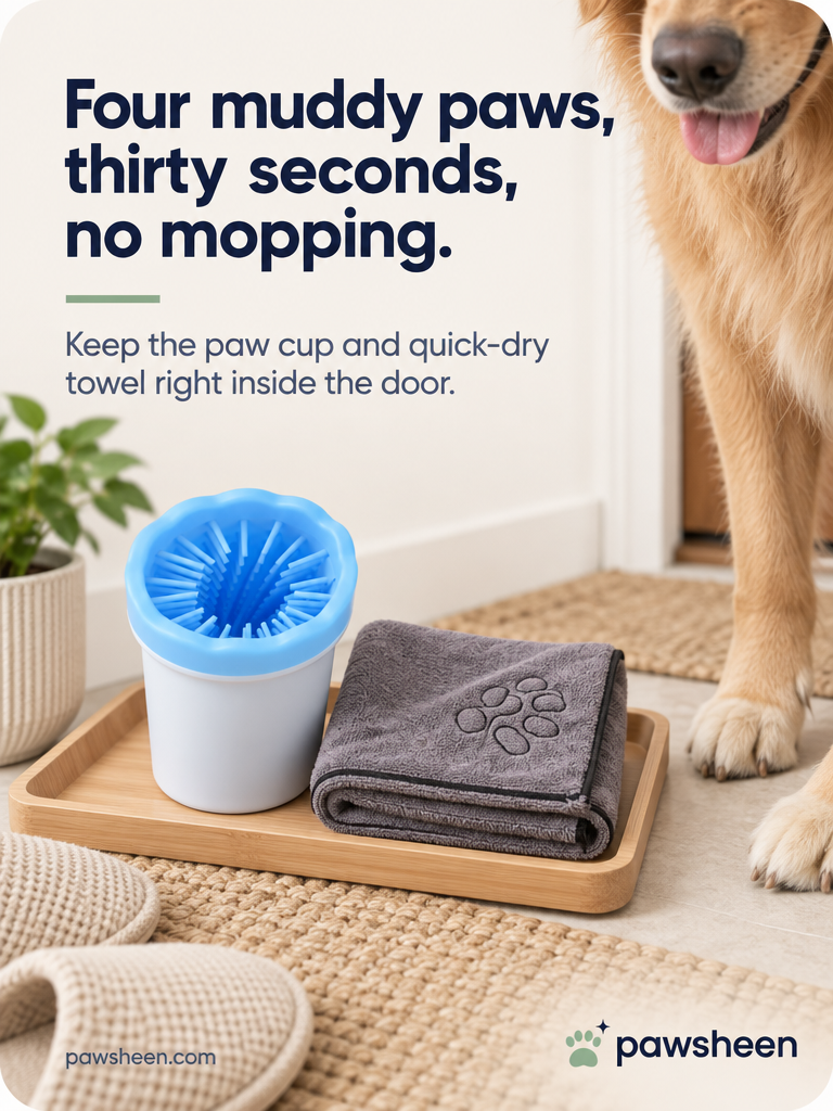 Quick-dry dog towel with the paw cleaner cup after a muddy walk